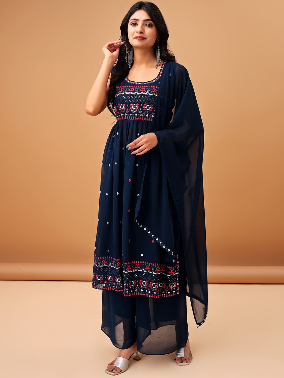 

Sashay Boutique Embroidered Sequinned A-Line Kurta with Palazzos & With Dupatta, Blue