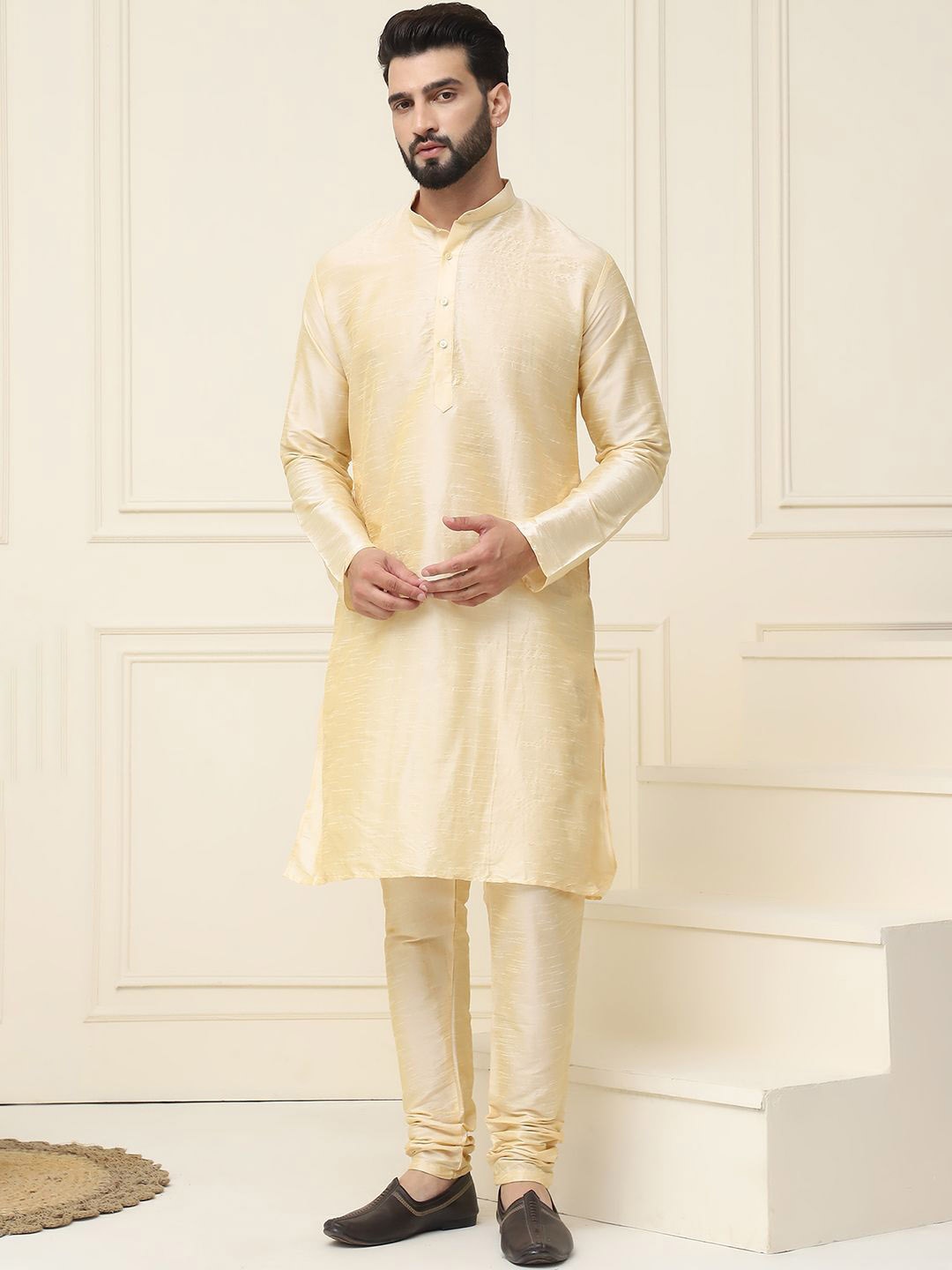 

SOJANYA Mandarin Collar Dupion Silk Straight Kurta with Churidar, Cream