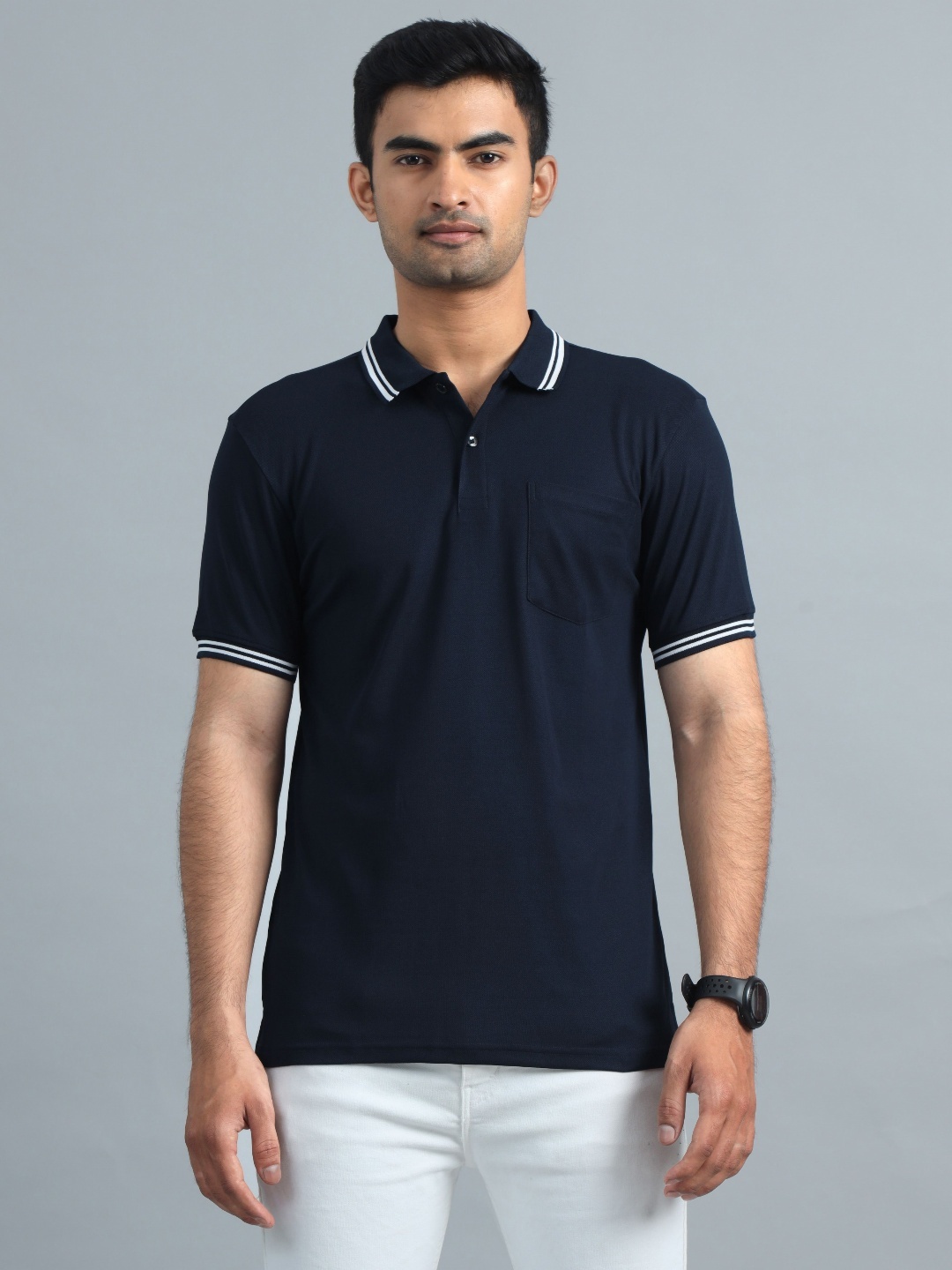 

ECOLINE Clothing Men Antimicrobial Solid Polo Collar T-shirt, Navy blue