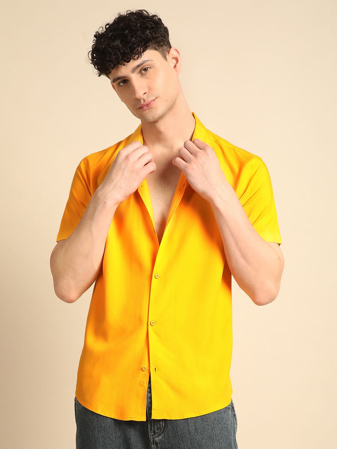 

Voroxy Men Smart Cuban Collar Solid Casual Shirt, Yellow