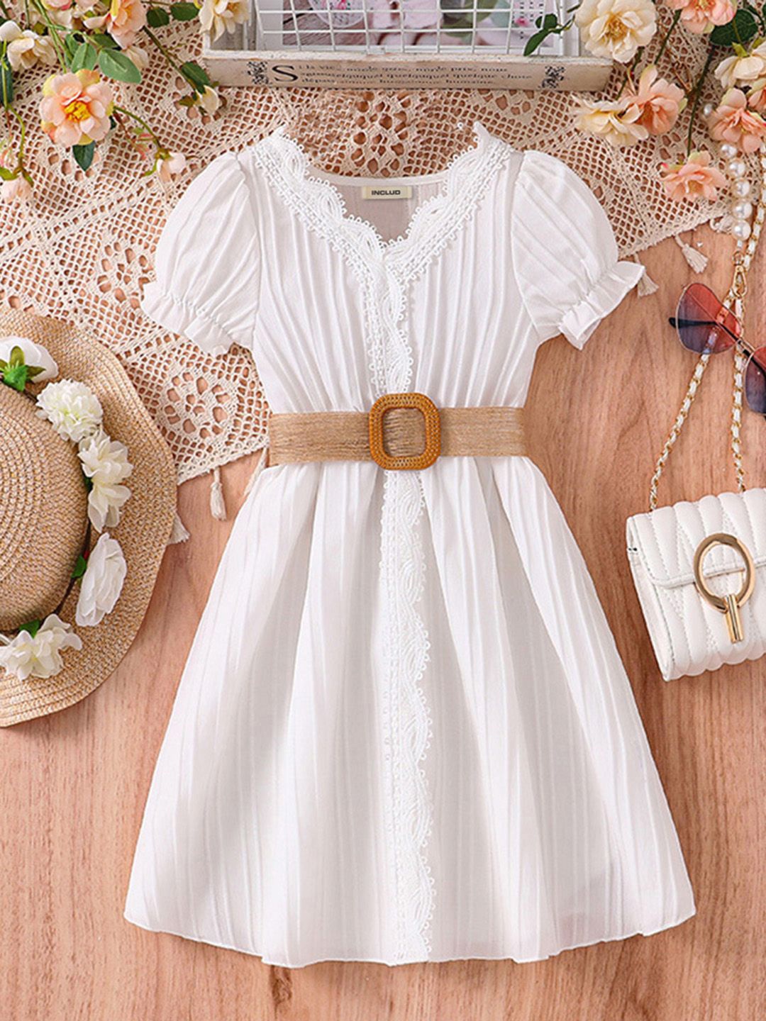 

INCLUD Girls Embroidered Puff Sleeves Fit & Flare Dress, White