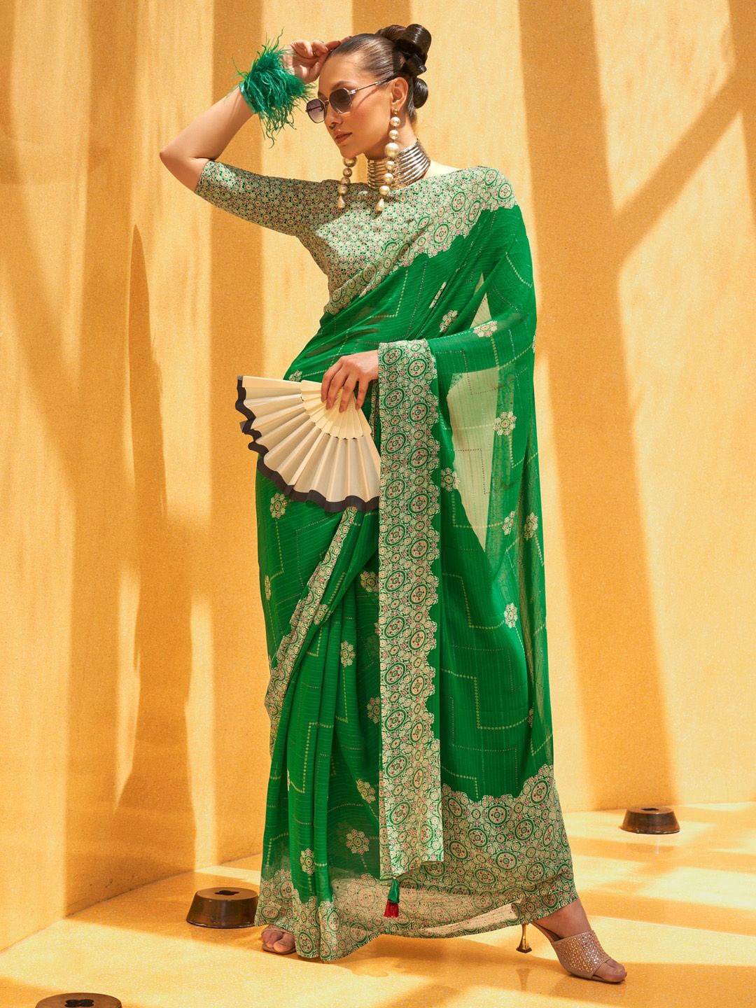 

Anouk Ethnic Motifs Traditional Daily Wear Bagru Saree, Green