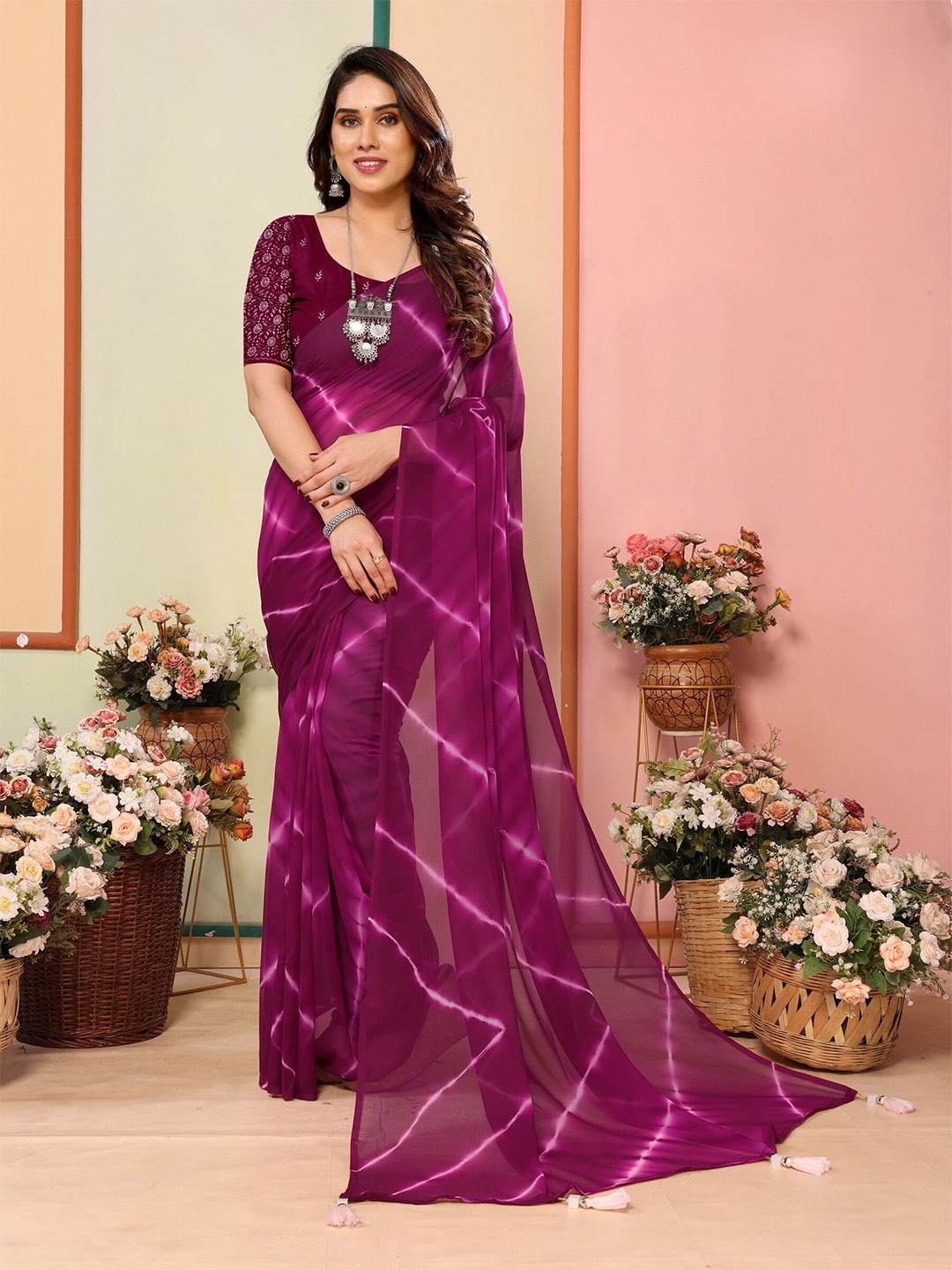 

sareyavella Leheriya Pure Georgette Leheriya Saree, Purple