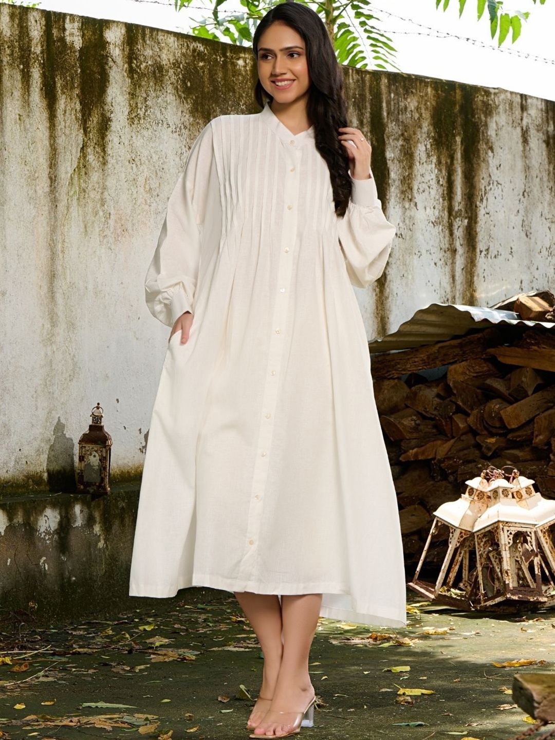 

HOUSE OF JAMOTI Women Solid Linen A-Line Midi Dress, White
