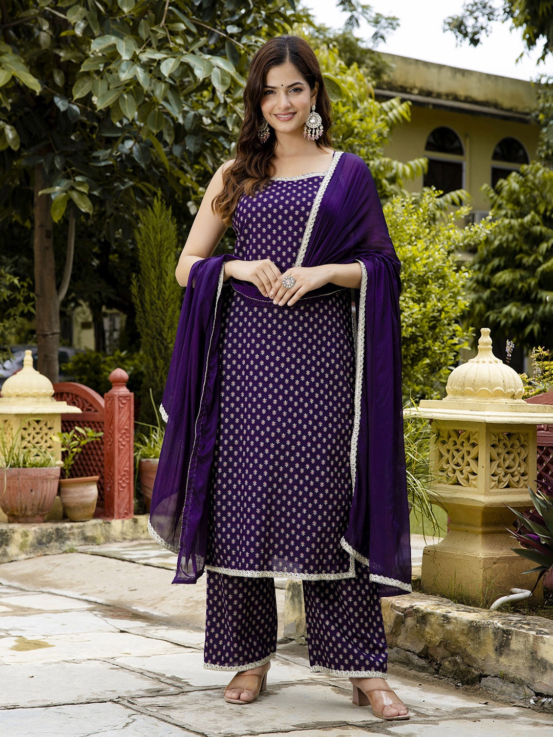 

Anouk Purple Floral Printed Shoulder Straps Cotton Straight Kurta with Palazzos & Dupatta