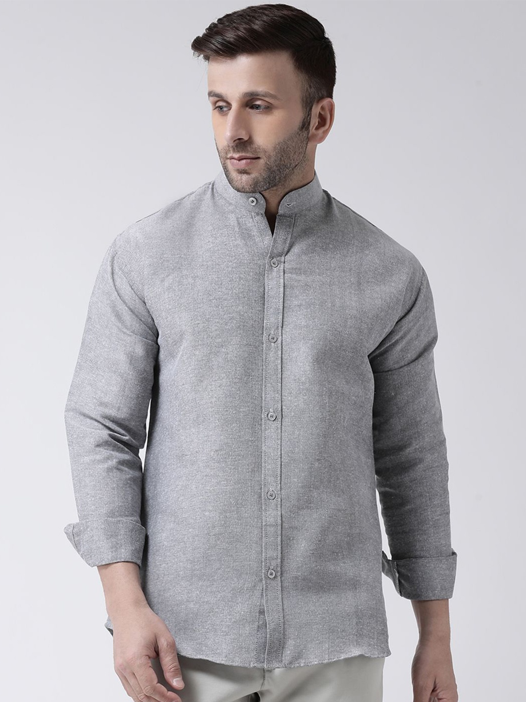 

KLOSET BY RIAG Men Classic Band Collar Solid Cotton Casual Shirt, Grey