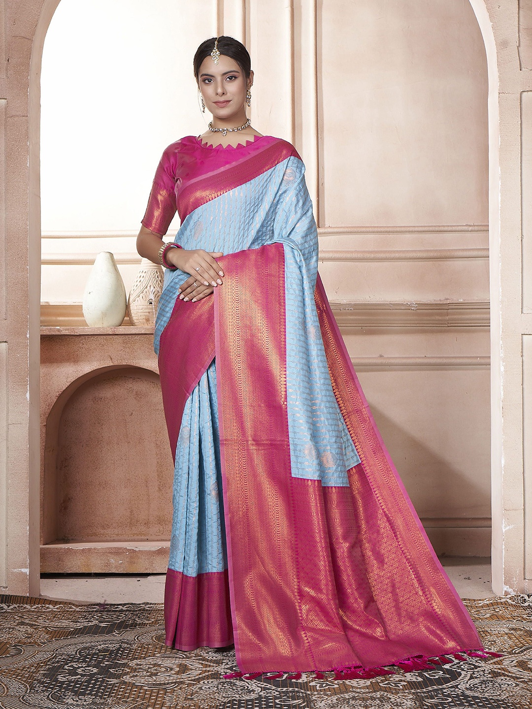 

KAYOMMI Ethnic Motifs Zari Kanjeevaram Saree, Blue