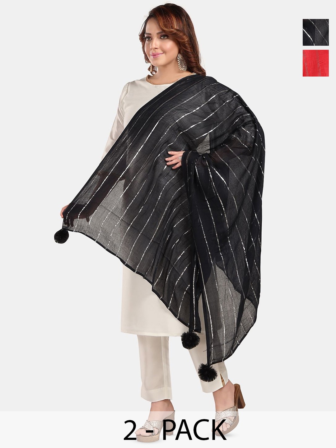 

Fabme Pack Of 2 Striped Dupattas, Black