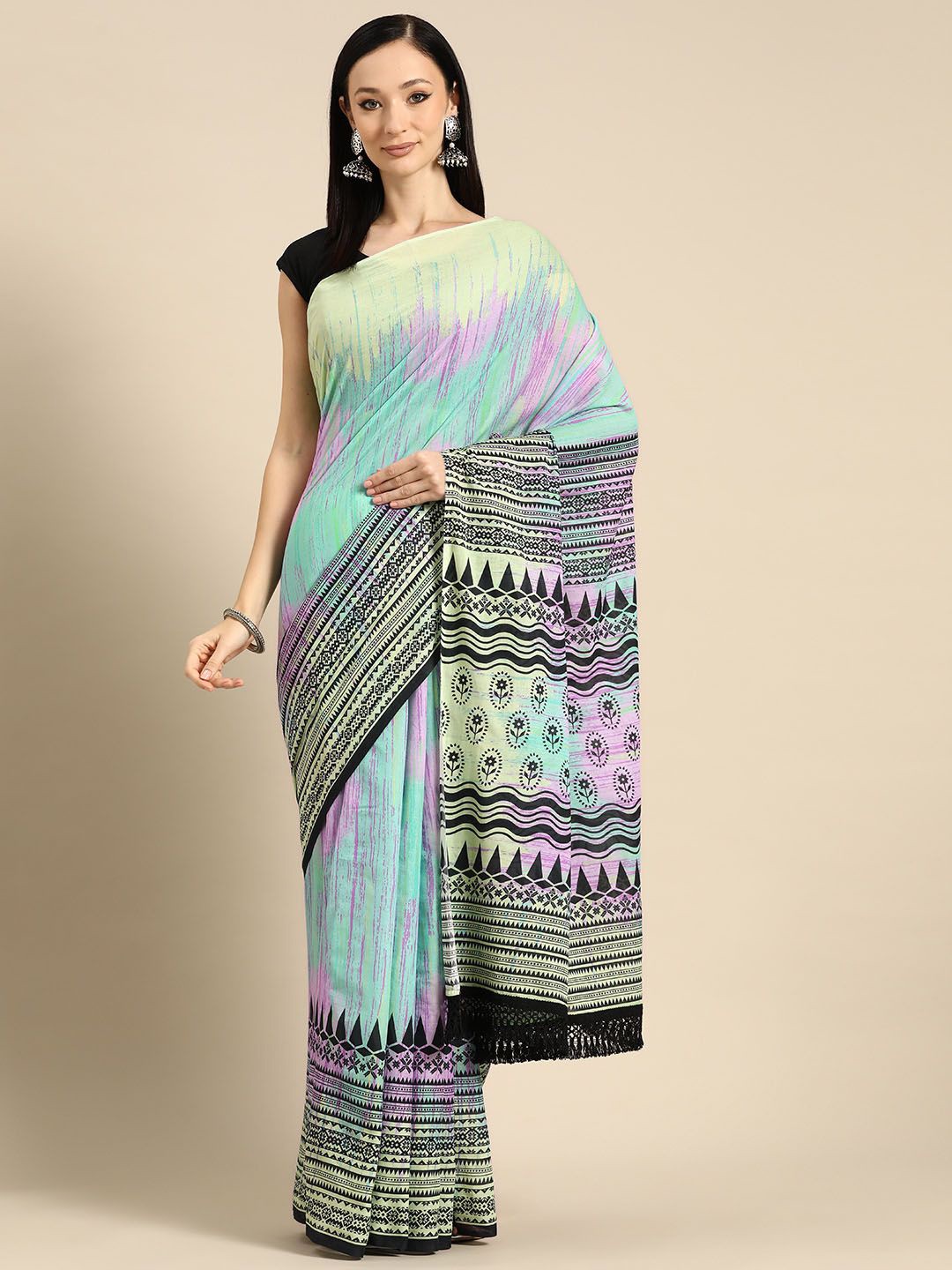 

BUTA BUTI Geometric Printed Pure Cotton Sarees, Blue