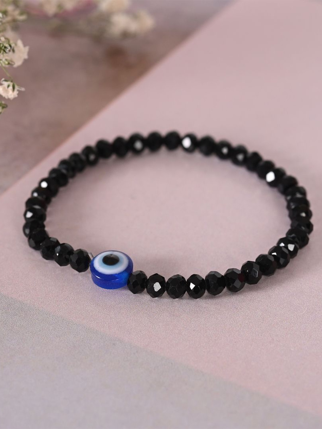 

NVR Unisex Rhodium-Plated Evil Eye Beaded Elasticated Bracelet, Black