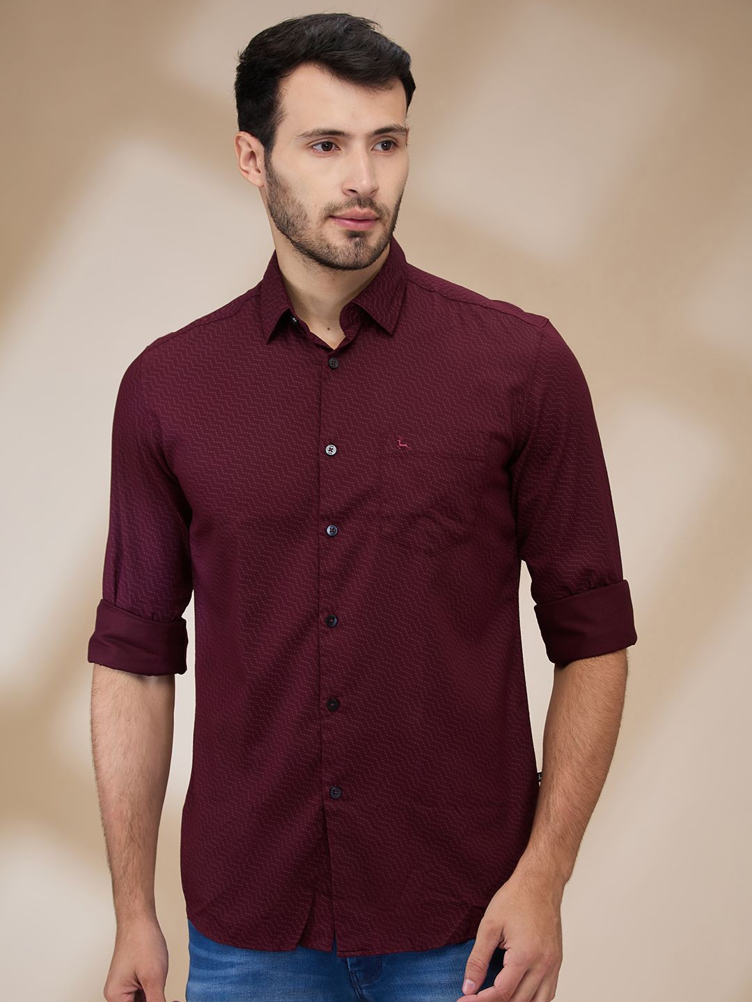 

Parx Men Spread Collar Micro Ditsy Printed Cotton Slim Fit Casual Shirt, Red