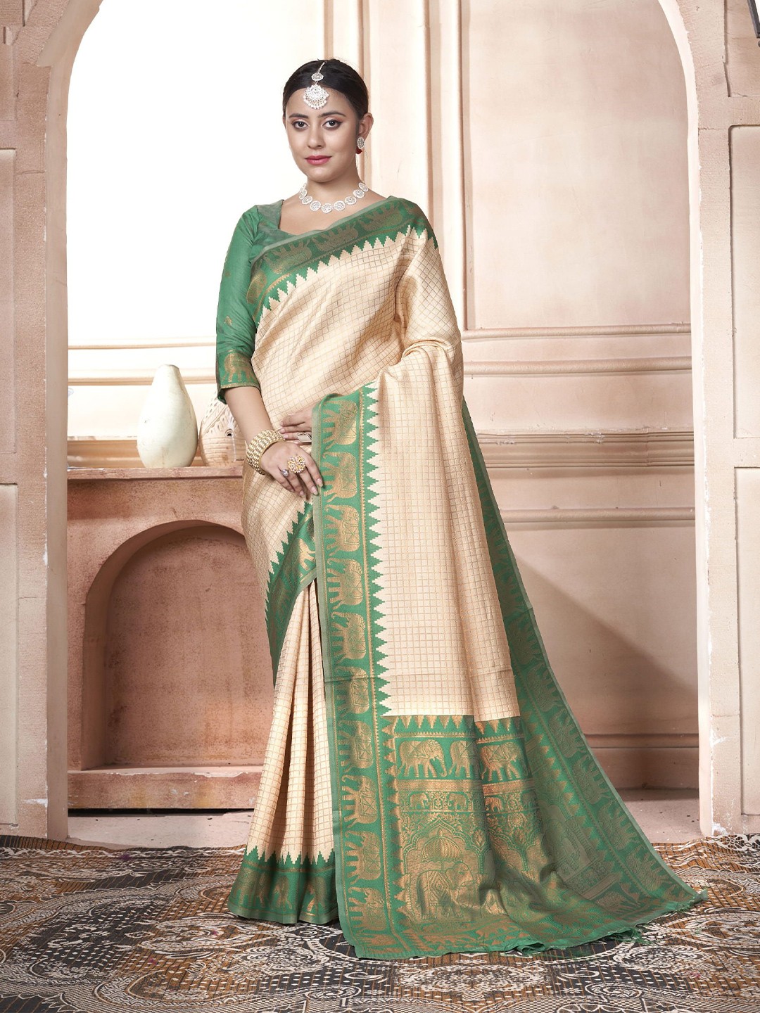 

KAYOMMI Ethnic Motifs Zari Kanjeevaram Saree, Cream