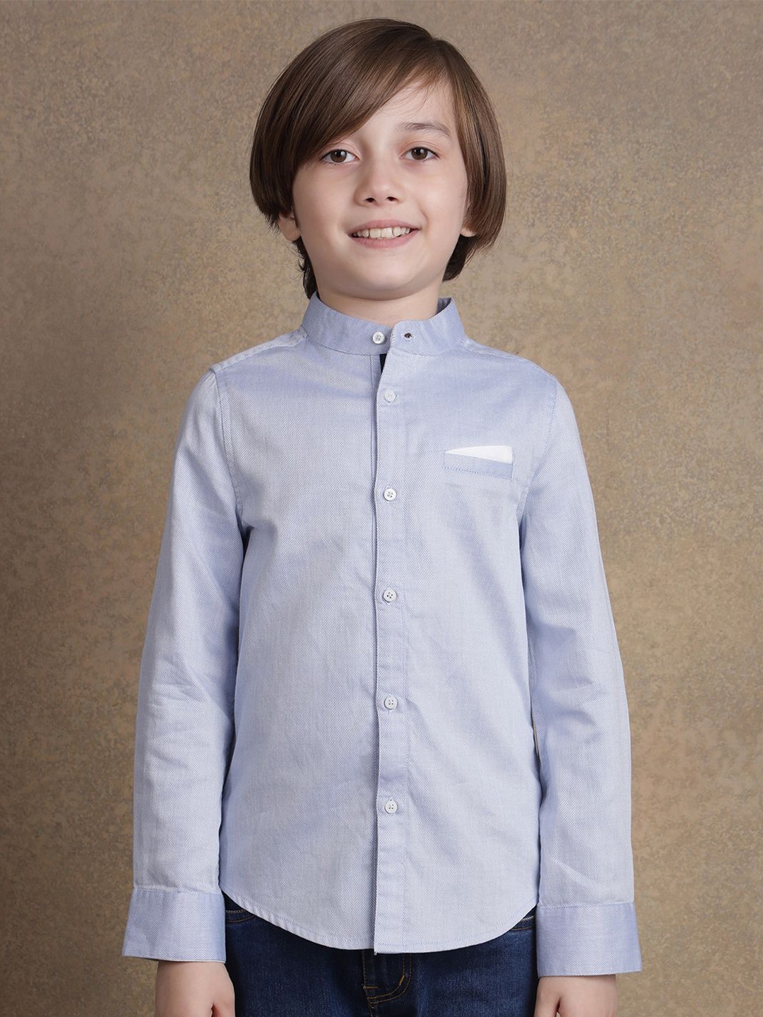 

One Friday Boys Comfort Mandarin Collar Solid Cotton Casual Shirt, Blue