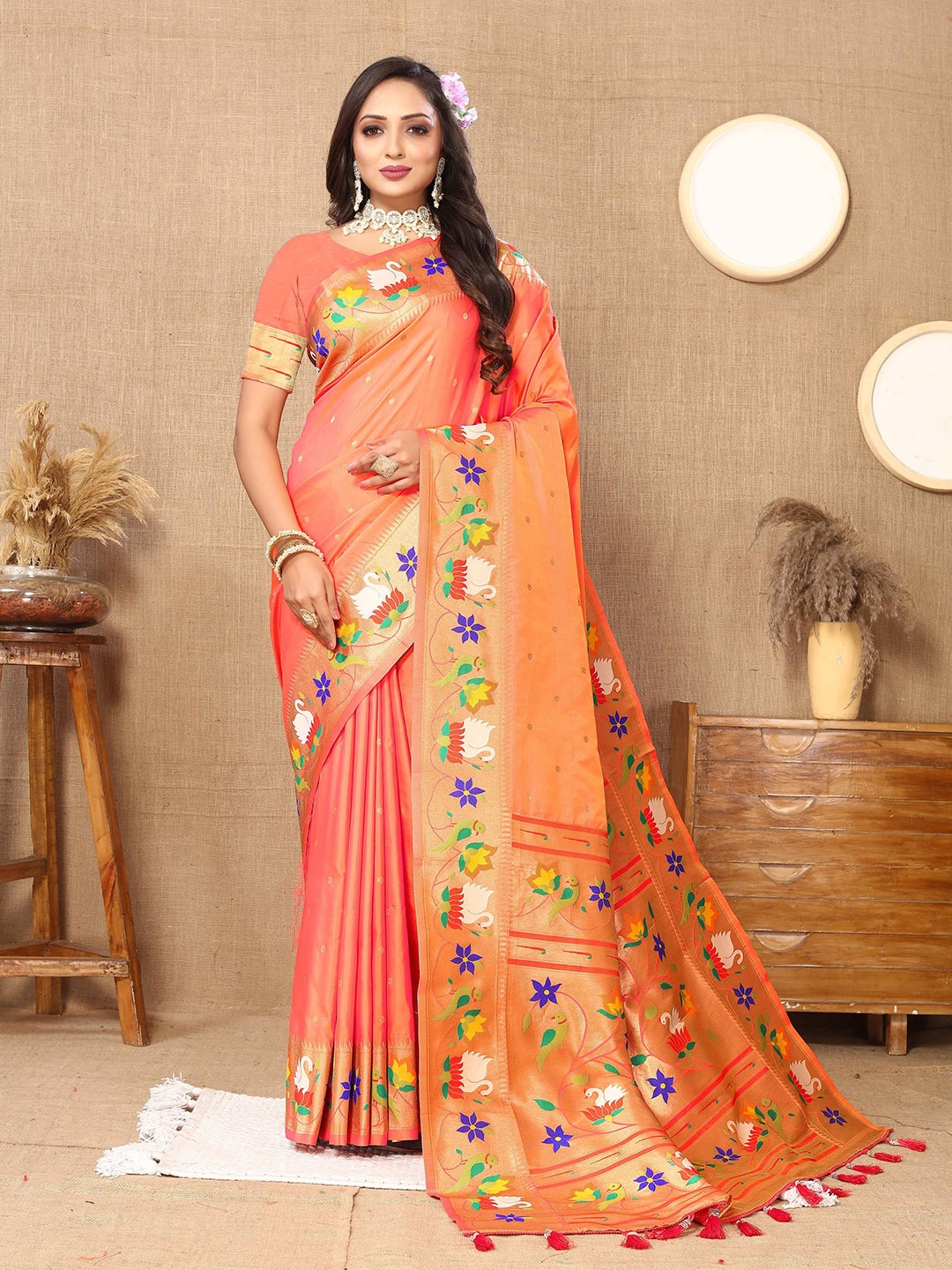 

Zeekha Kalamkari Zari Pure Silk Paithani Saree, Orange