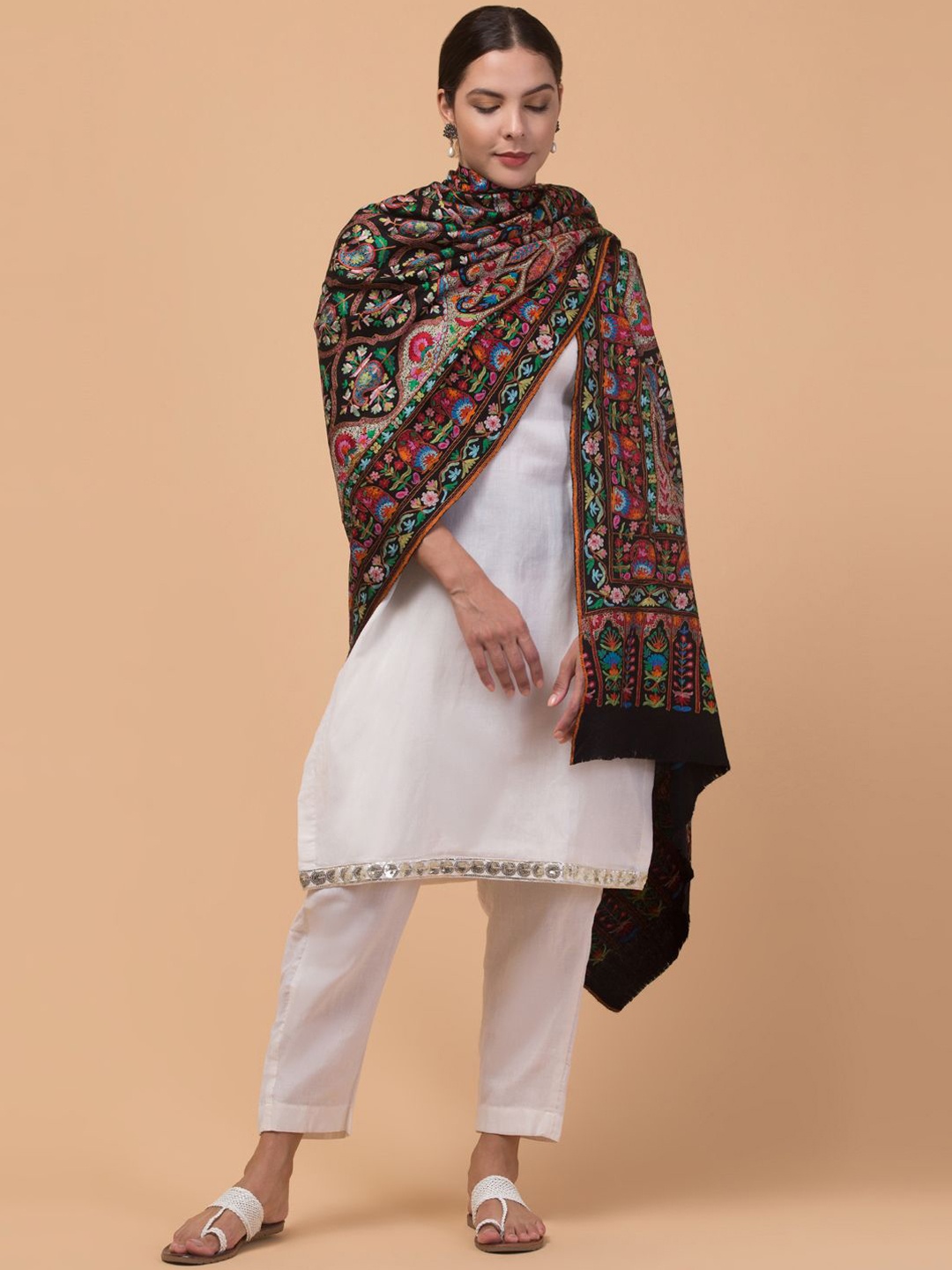 

Tweedle Botanical Kashmiri Nalki Embroidered Pashmina Pure Woollen Shawl, Black