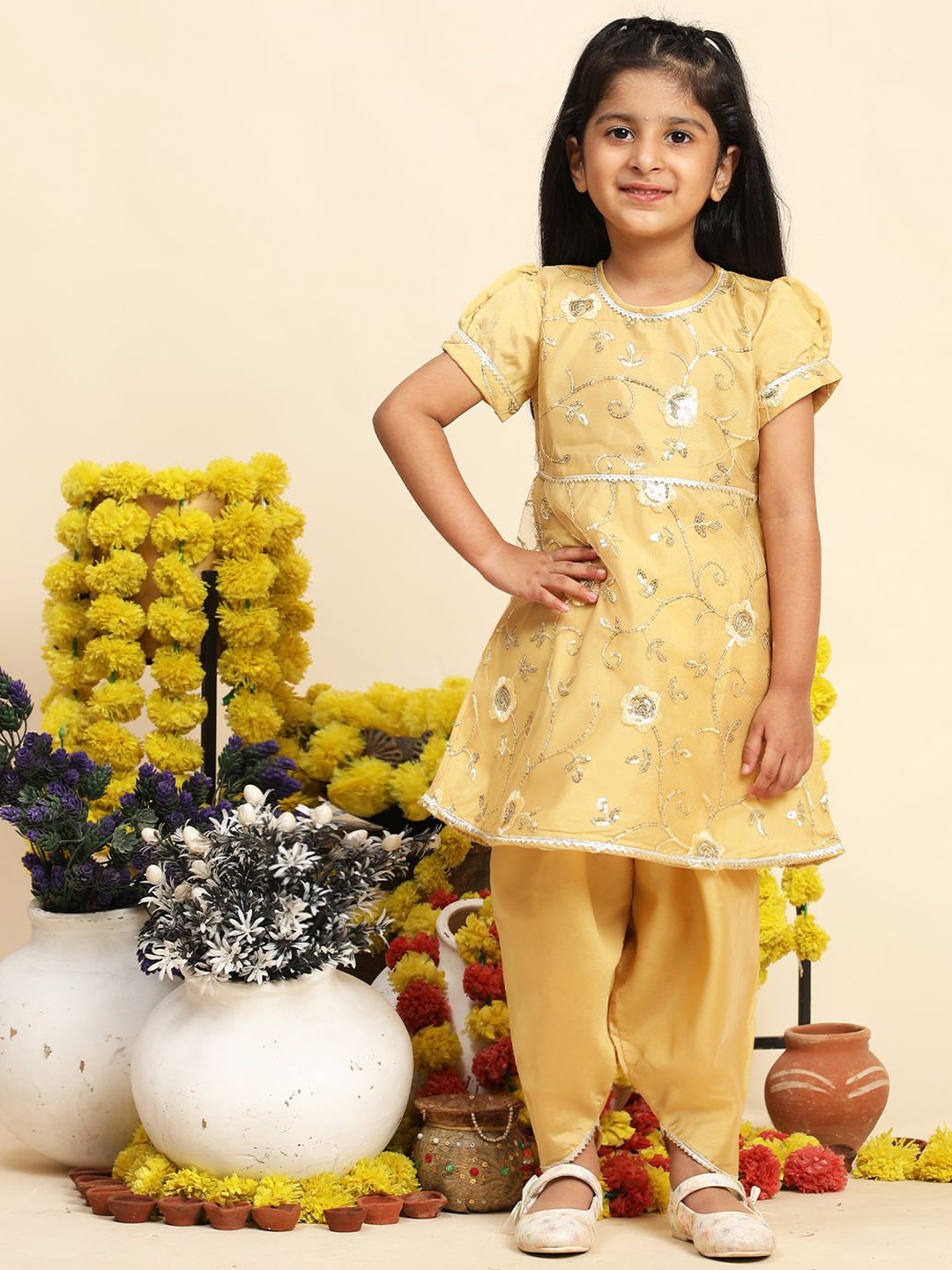 

Cutiekins Girls Floral Embroidered Sequinned Round Neck A-Line Kurta with Dhoti Pants, Mustard