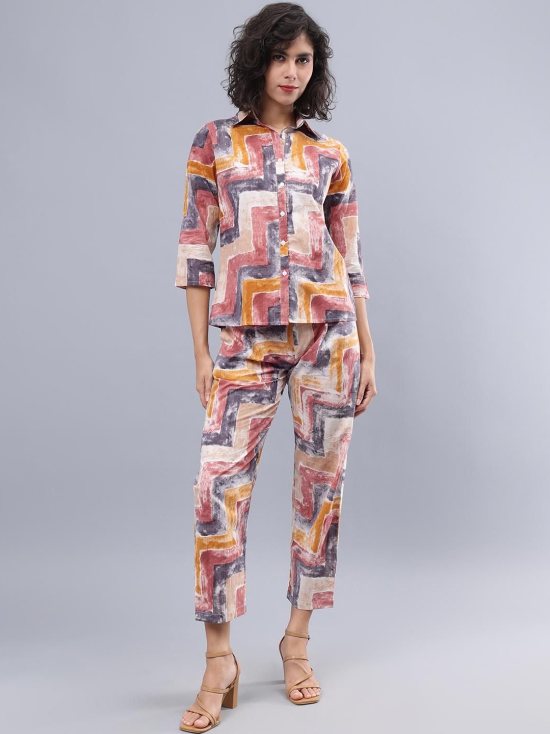 

CORDSET Printed Pure Cotton Collar Shirt With Trousers Co-Ords, Pink