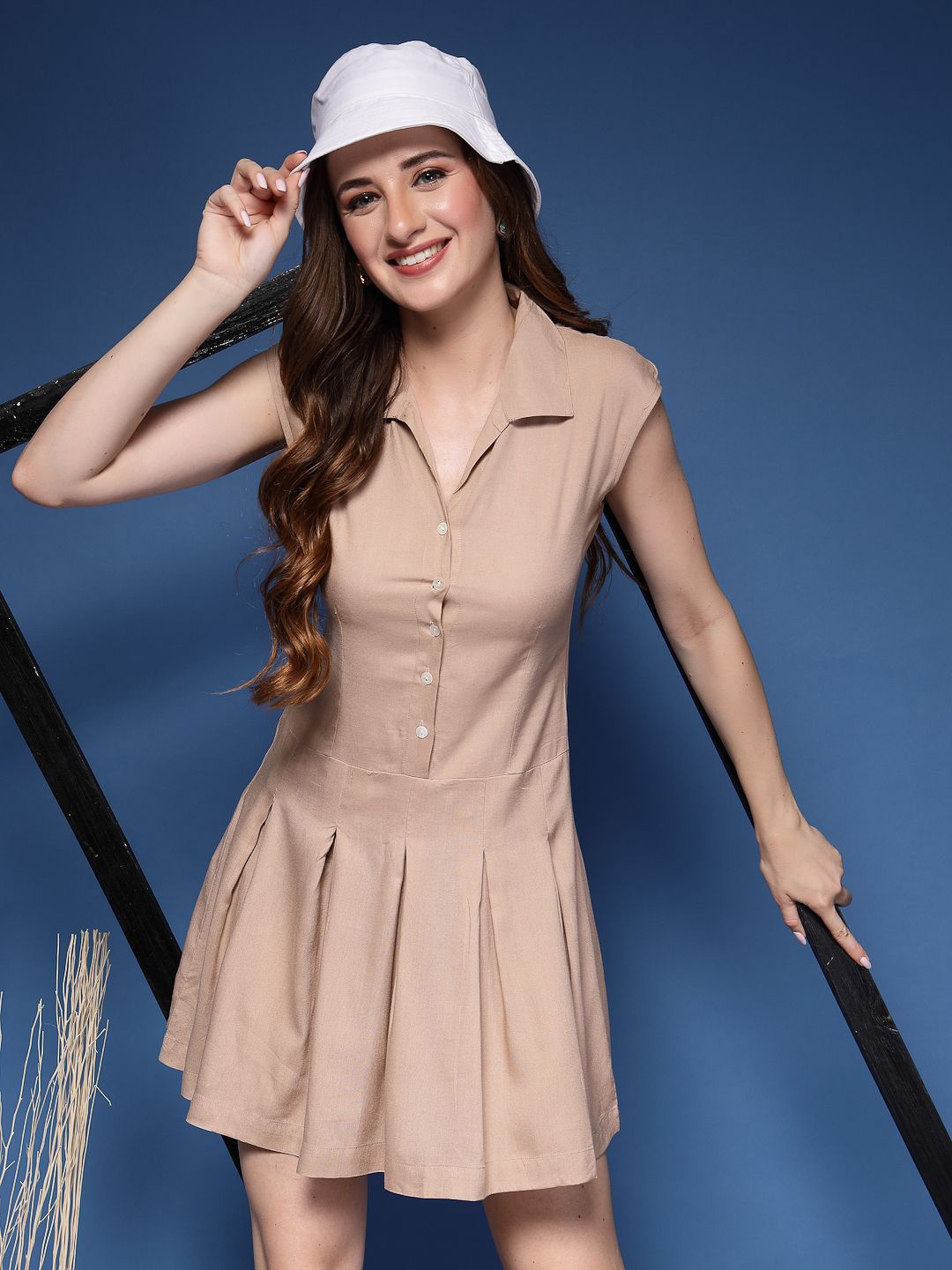 

DAEVISH Women Solid Shirt Collar Pinafore Dress, Beige