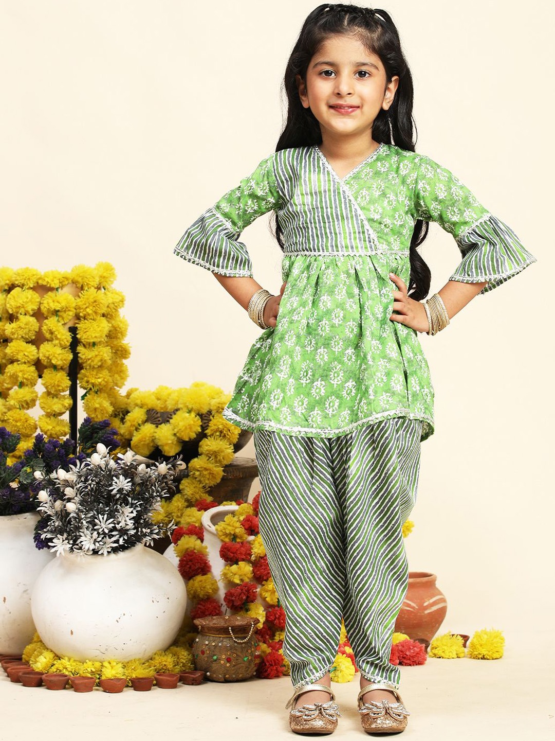 

Cutiekins Girls Ethnic Motifs Printed Angrakha A-Line Kurta With Dhoti Pants, Green