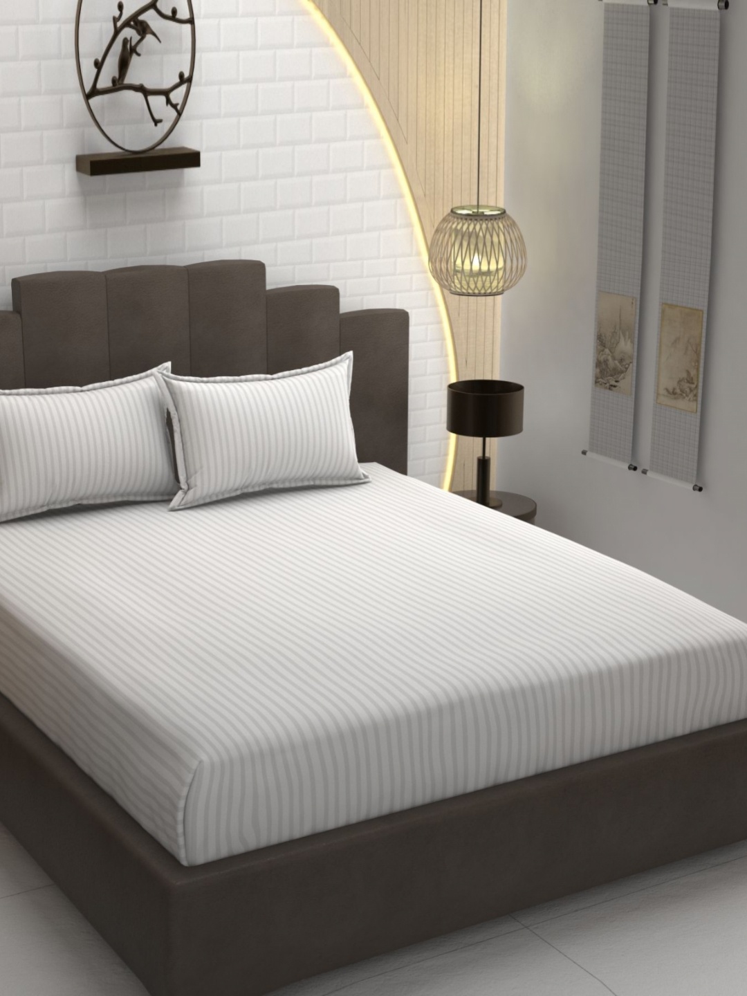 

AaHo Decor White & Grey Striped 300 TC Double King Fitted Bedsheet with 2 Pillow Covers