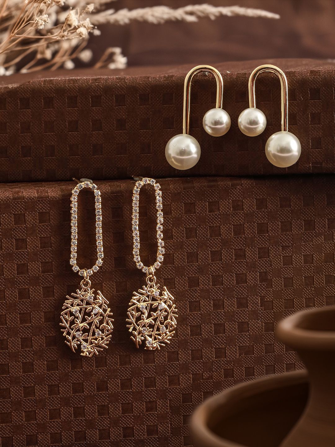 

Jazz and Sizzle Set Of 2 Gold-Plated & Pearl Beaded Contemporary Drop Earrings