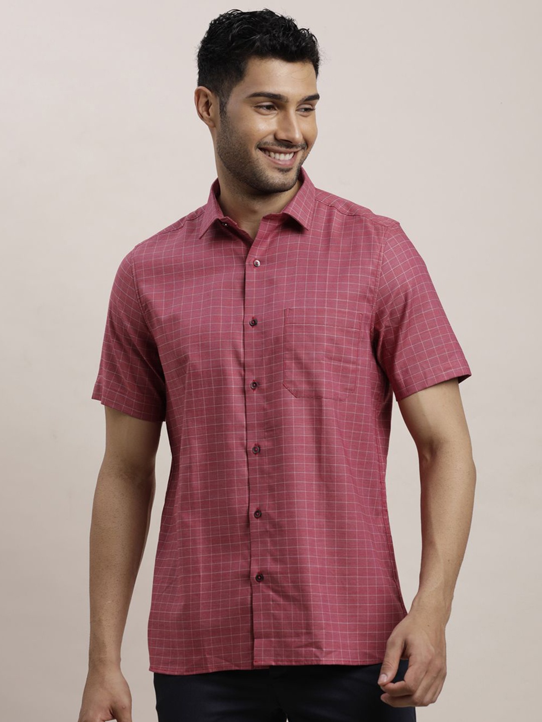 

Turtle Men Classic Spread Collar Micro Checked Cotton Formal Shirt, Pink