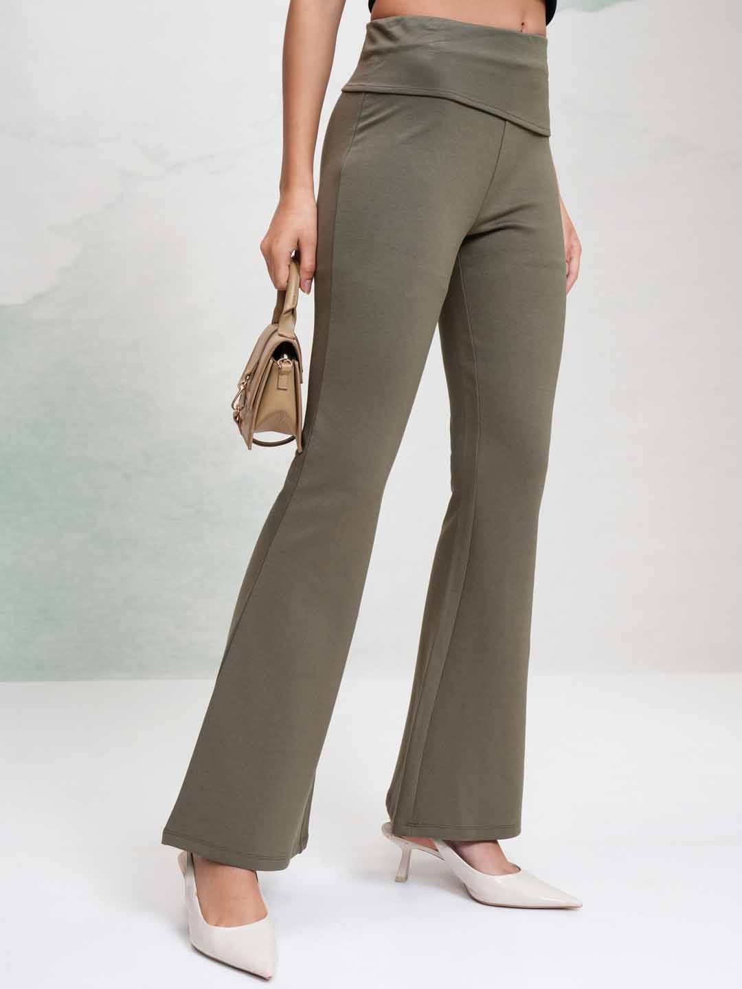 

Tokyo Talkies Women Solid Cotton Flared Trousers, Olive