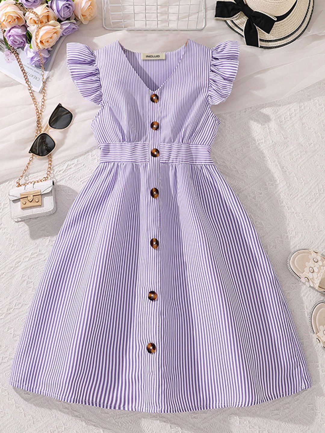 

INCLUD Girls Striped Fit and Flare Dress, Violet