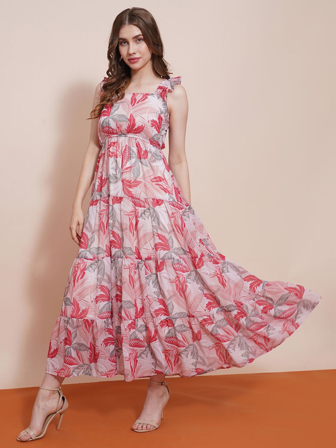 

Globus Square Neck Flutter Sleeves Tropical Printed Tiered Fit & Flare Maxi Dress, Red