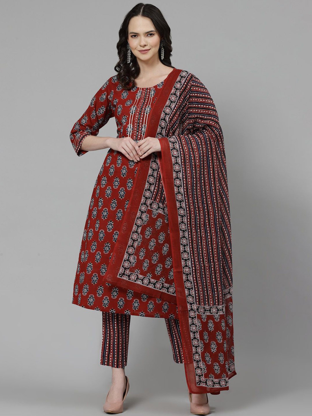 

His&Her Ethnic Motifs Printed Beads and Stones Pure Cotton Kurta with Trousers & Dupatta, Maroon