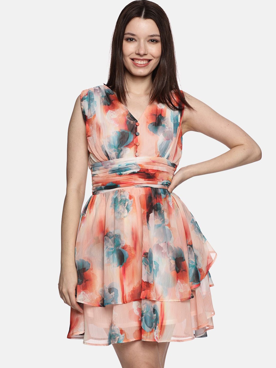 

ISU Women Floral Printed Fit & Flare Dress, Peach
