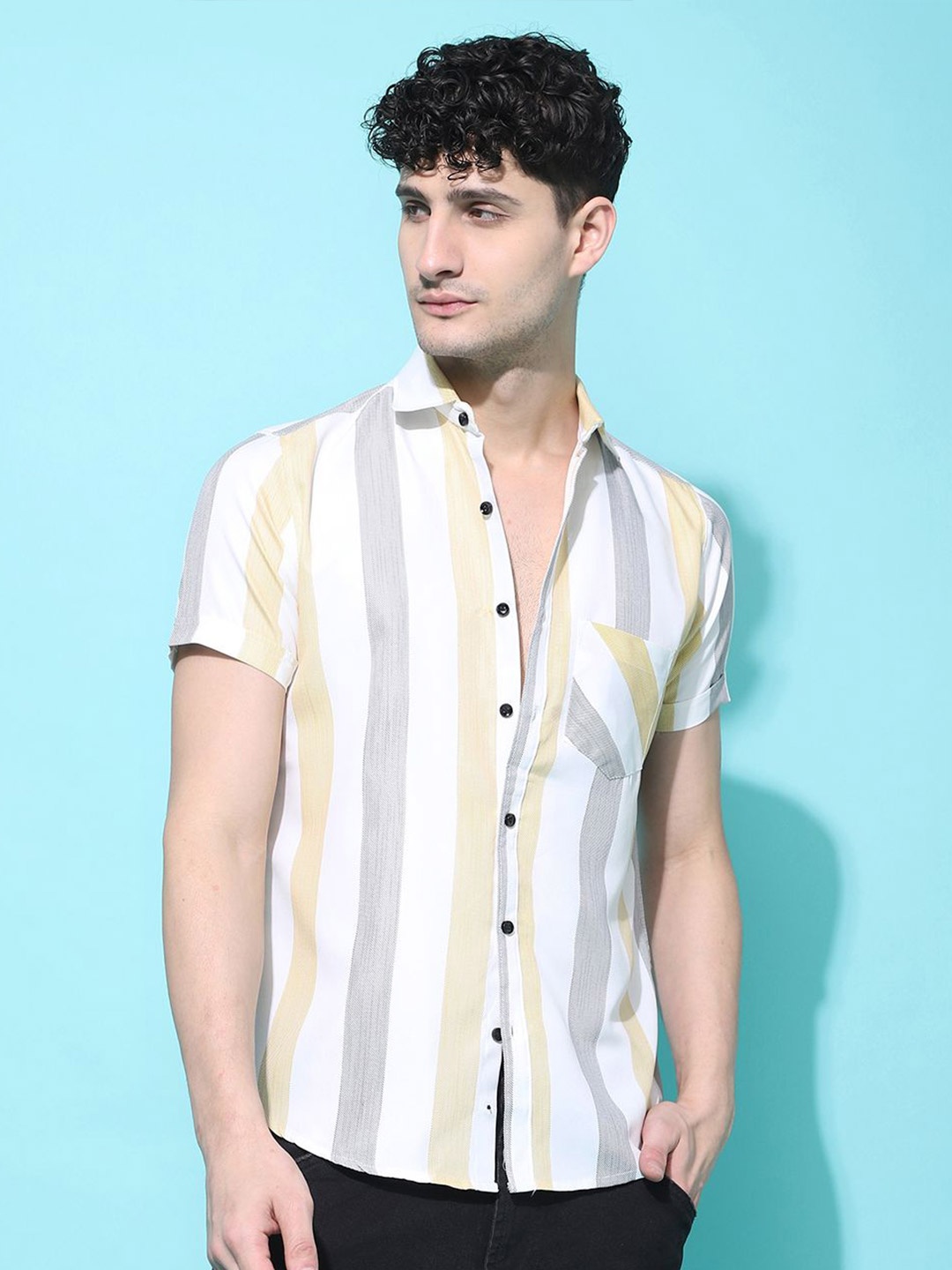 

Voroxy Men New Spread Collar Vertical Striped Cotton Casual Shirt, Yellow