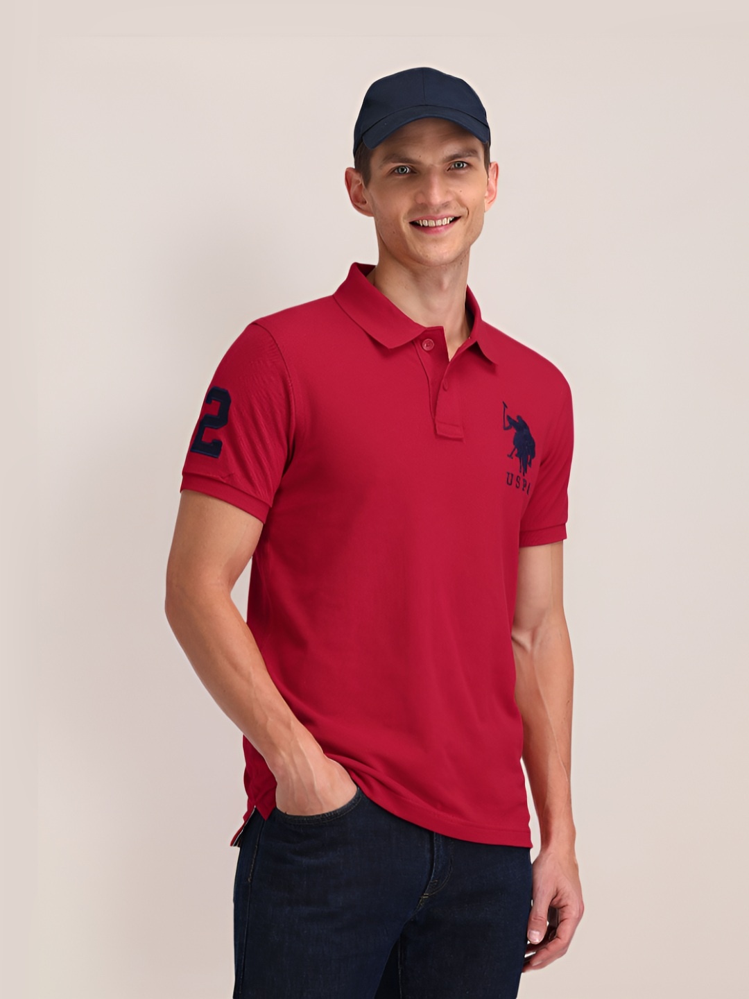 

U.S. Polo Assn. Men Brand Logo Solid Slim Fit Pure Cotton T-shirt, Red