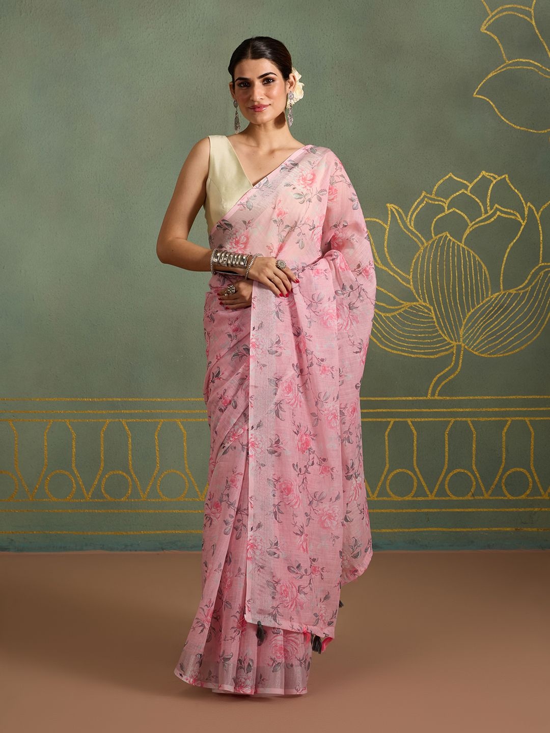 

Likha Floral Printed Pure Linen Saree with Unstitched Blouse, Pink