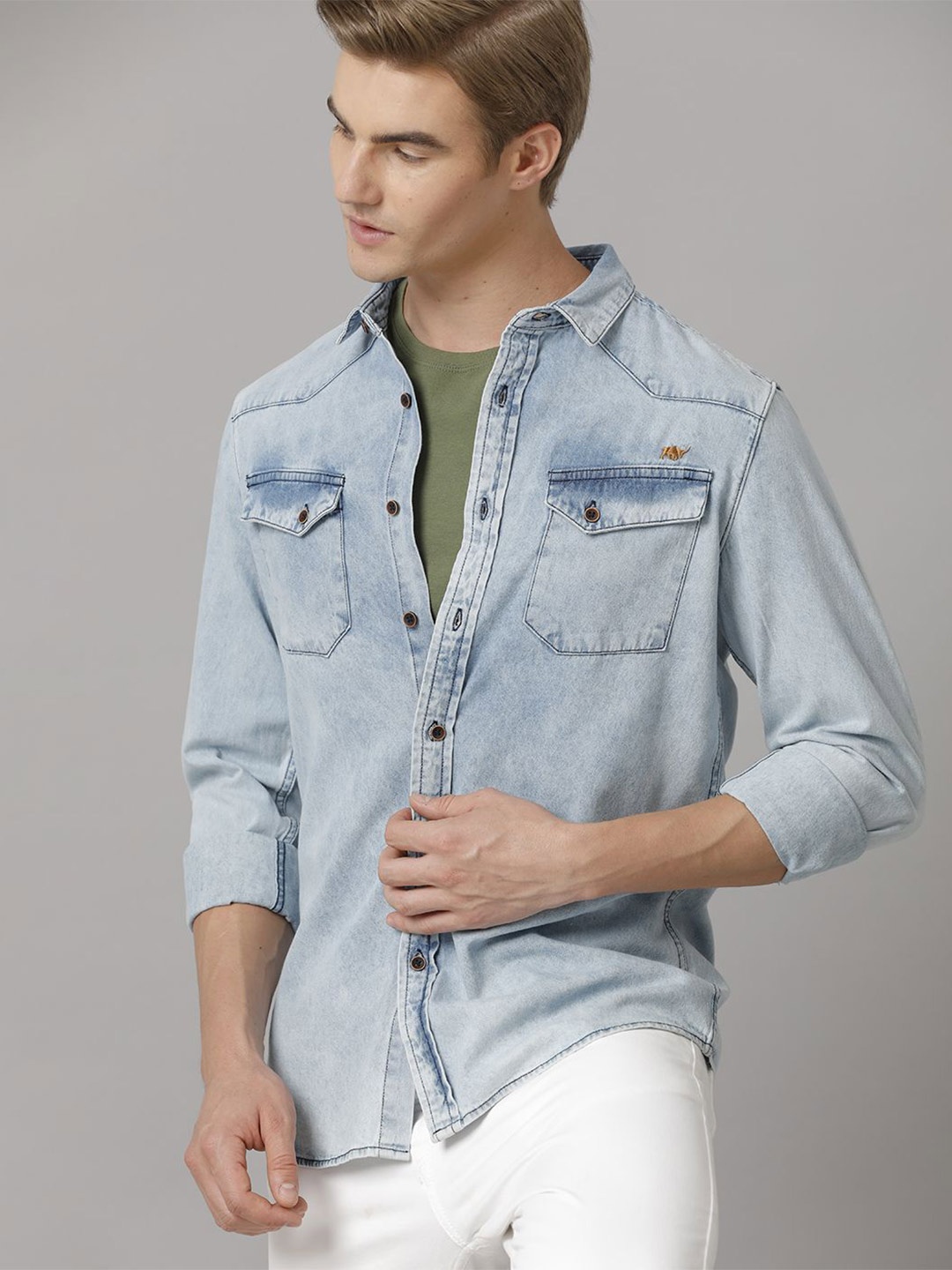 

TEMPLE OF DENIM Men India Slim Spread Collar Solid Denim Casual Shirt, Blue