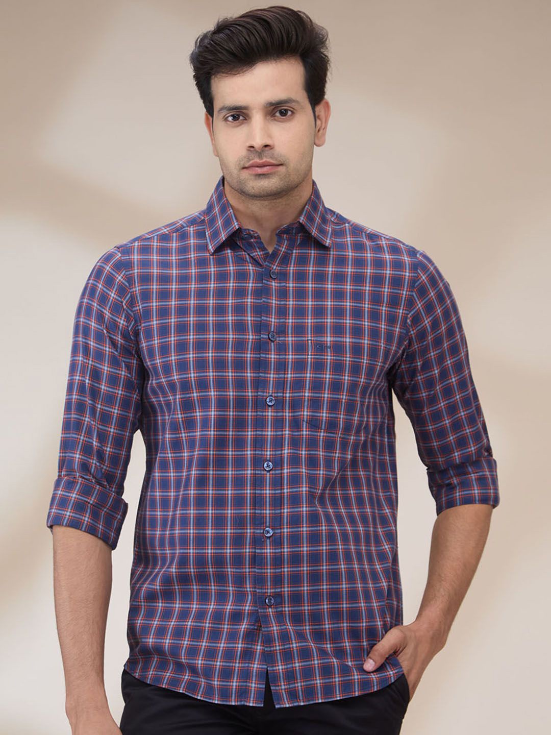

ColorPlus Men Spread Collar Tartan Checked Cotton Casual Shirt, Blue