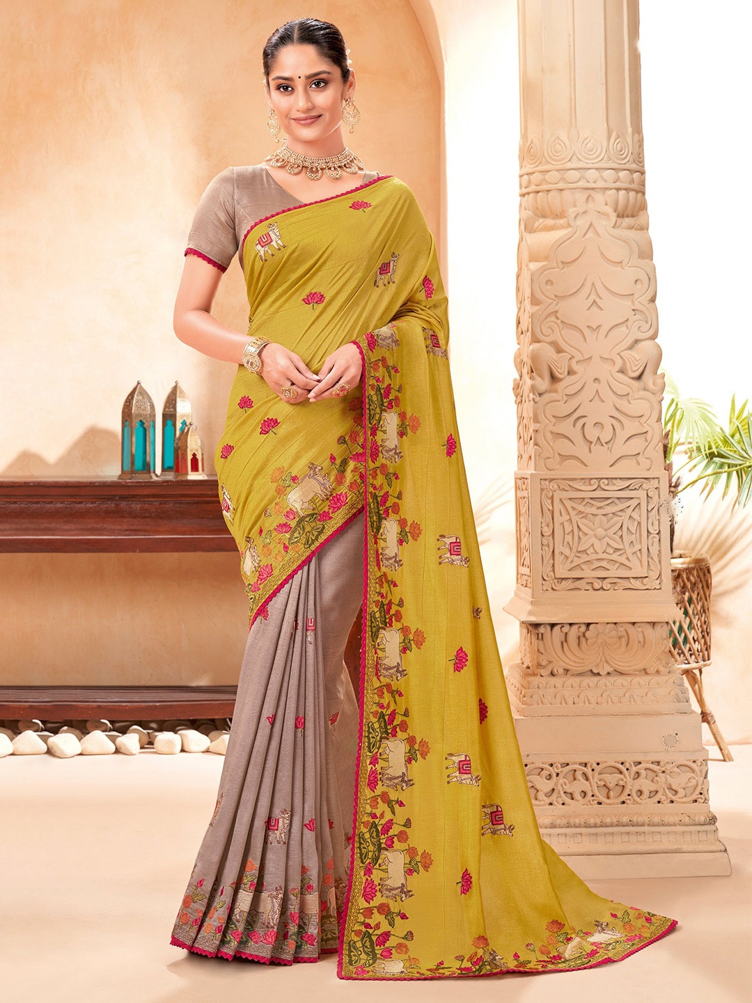 

Laxmipati Ethnic Motifs Embroidered Half and Half Saree, Yellow