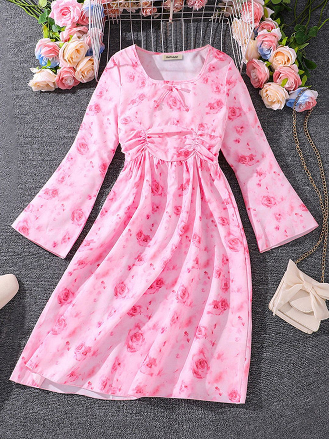 

INCLUD Girl Floral Print Flared Sleeve Fit & Flare Maxi Dress, Pink