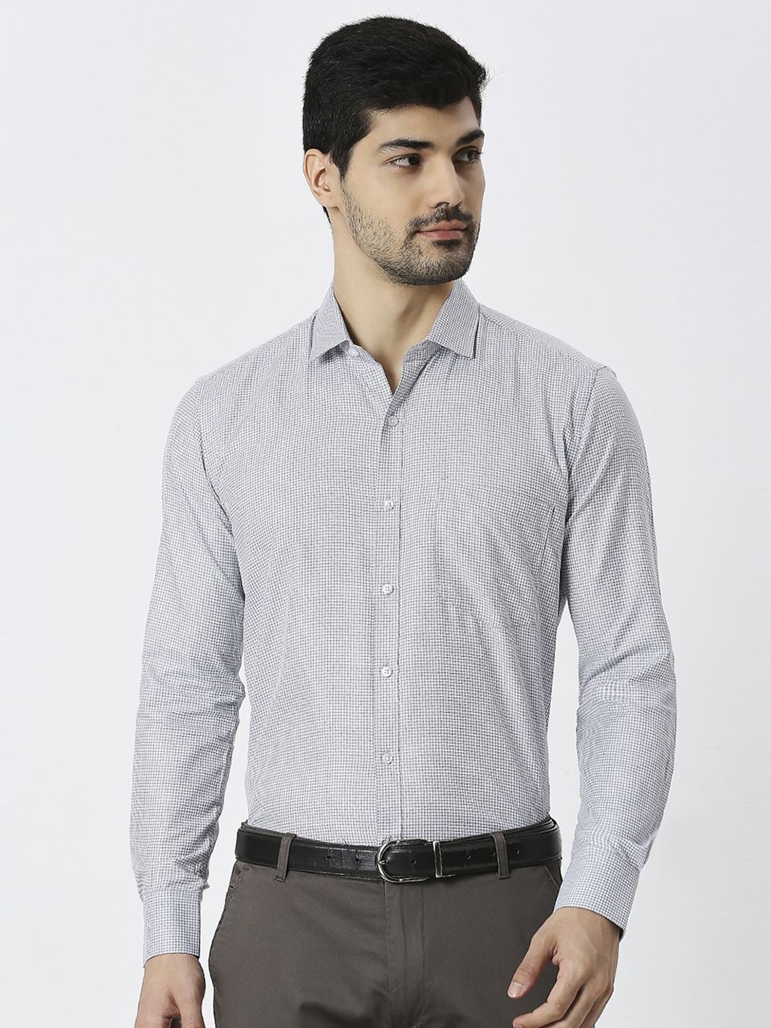 

MARK & ALBERT Men India Slim Spread Collar Micro Checked Cotton Formal Shirt, Grey