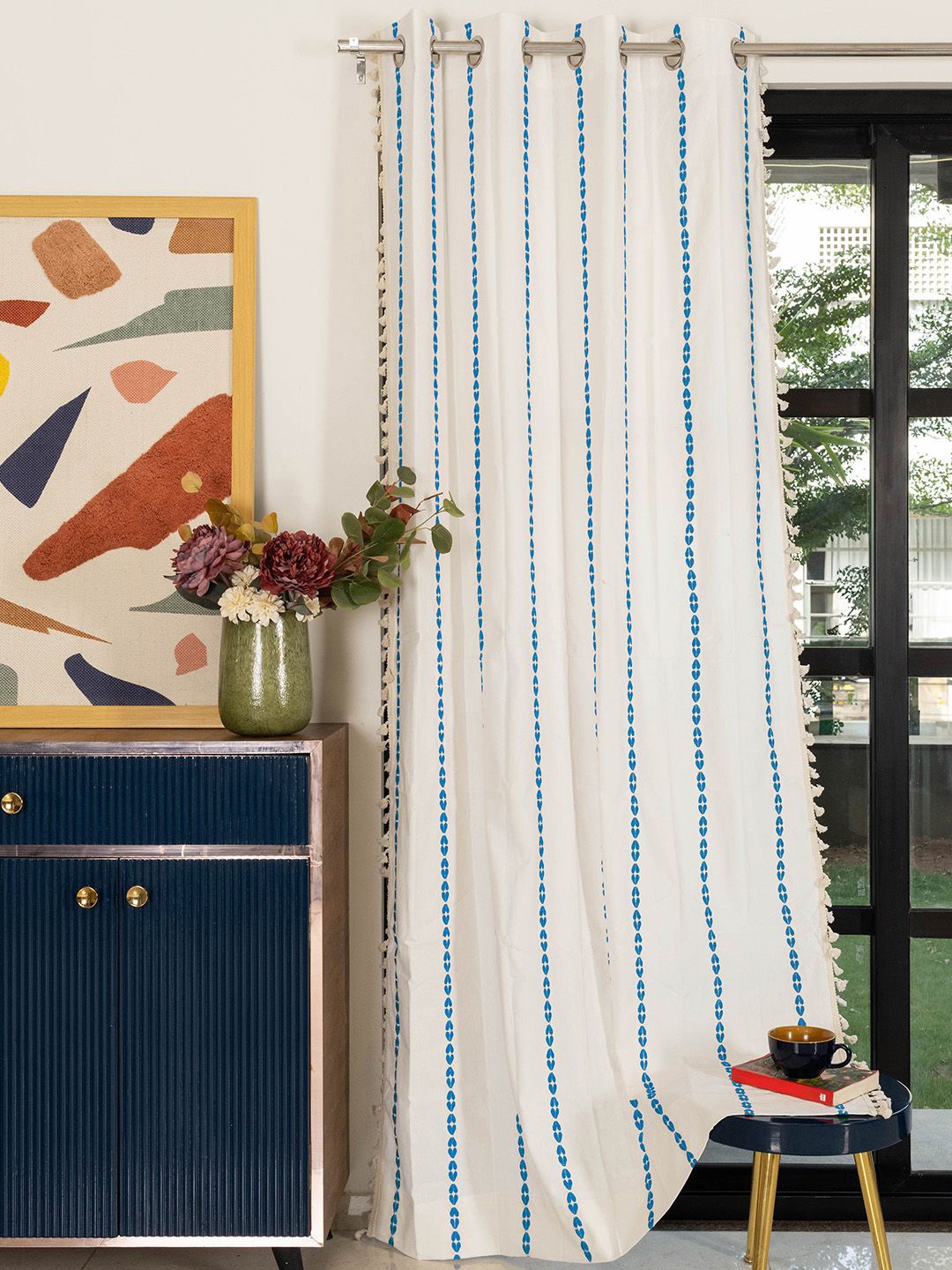 

URBAN SPACE White & Blue Embroidered Cotton Door Curtain