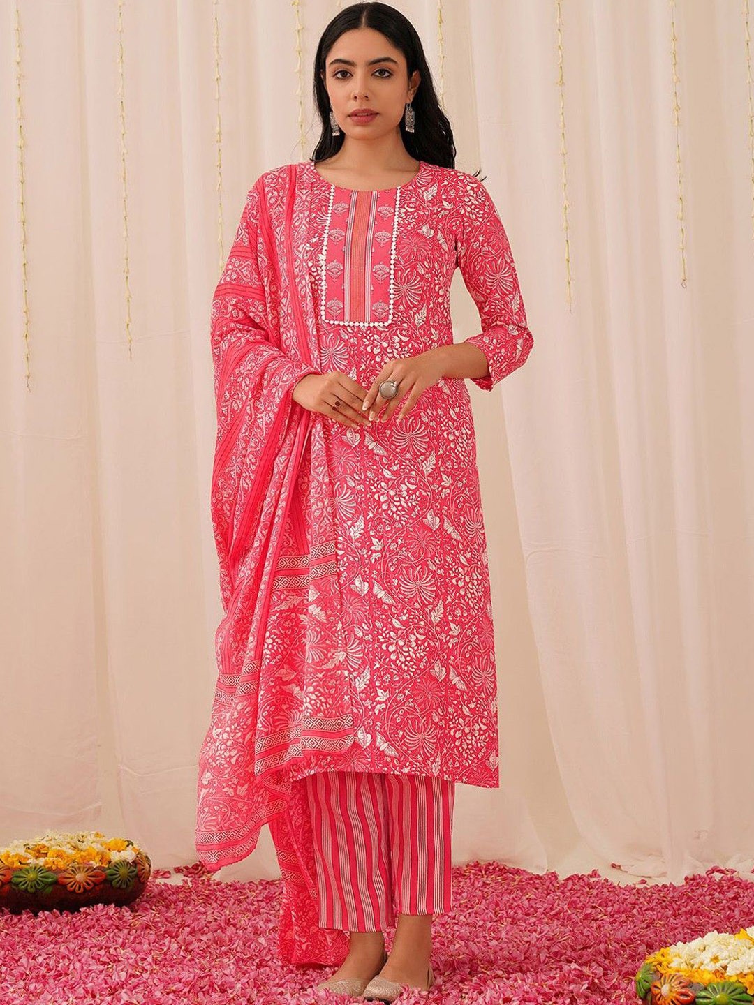 

KALINI Floral Printed Round Neck Straight Kurta with Trouser & Dupatta, Pink