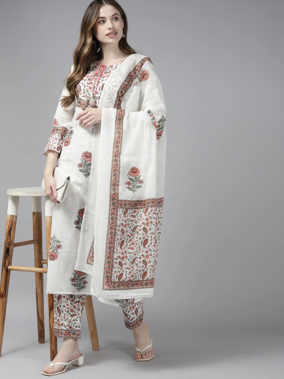 

Shedika Floral Printed Straight Kurta with Trousers & With Dupatta, White