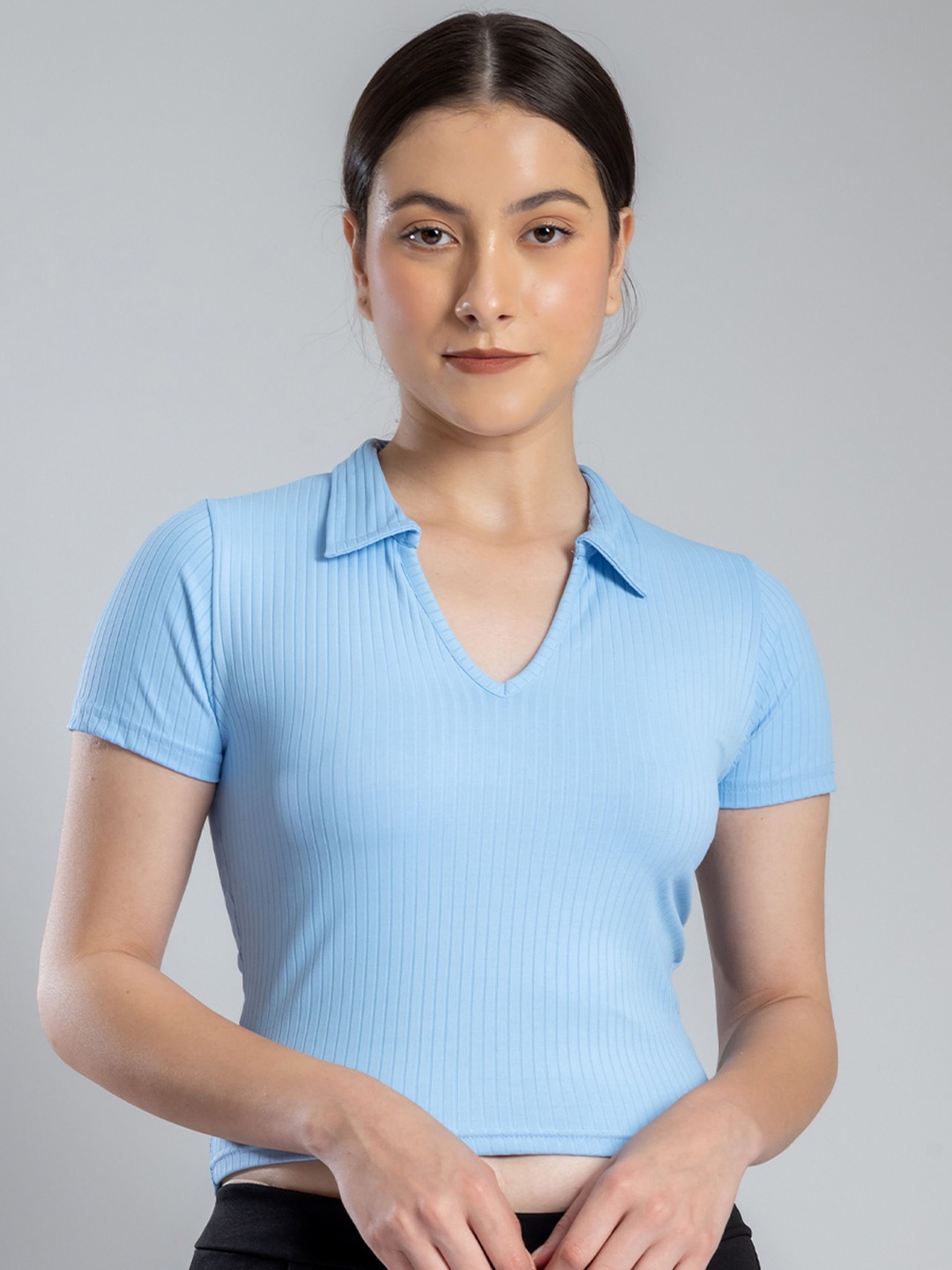 

Redamancii Women Solid Shirt Collar Polycotton Top, Blue