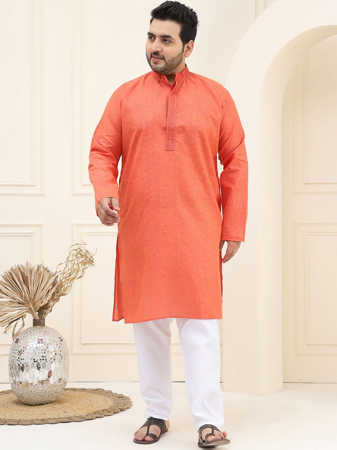 

SOJANYA PLUS Plus Size Woven Design Pure Cotton Kurta with Pyjama, Coral