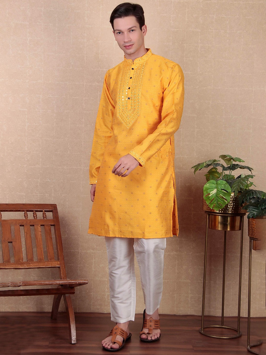 

Cult Indie Floral Woven Design Mandarin Collar Mirror Work Straight Kurta With Trousers, Yellow