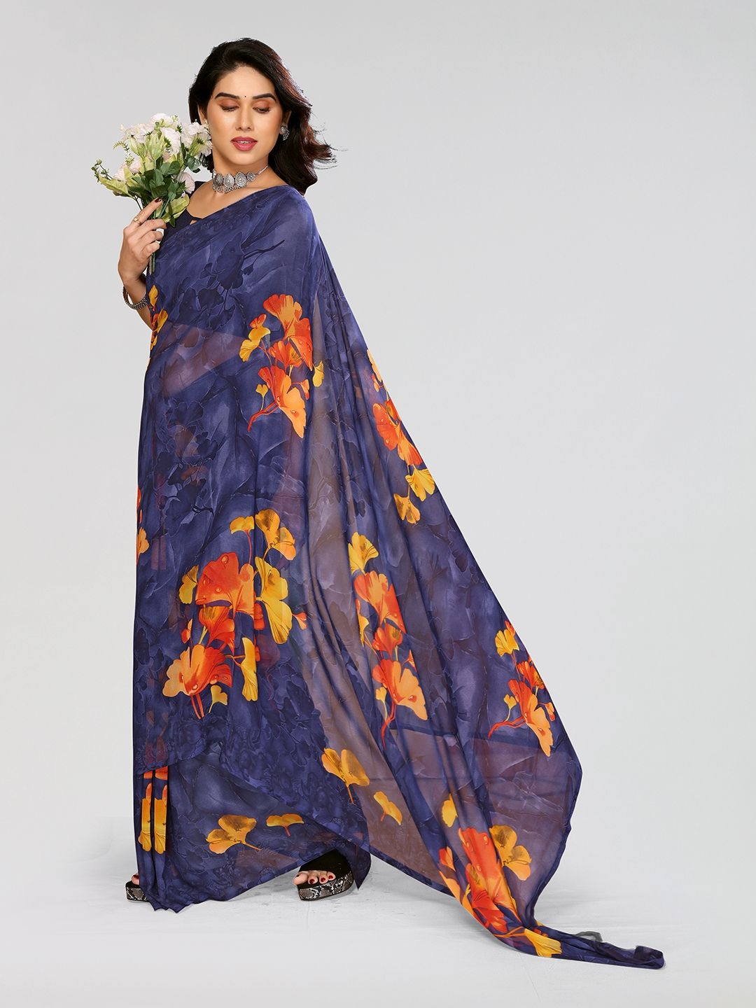 

ANAND SAREES Floral Printed Saree with Unstitched Blouse Piece, Blue