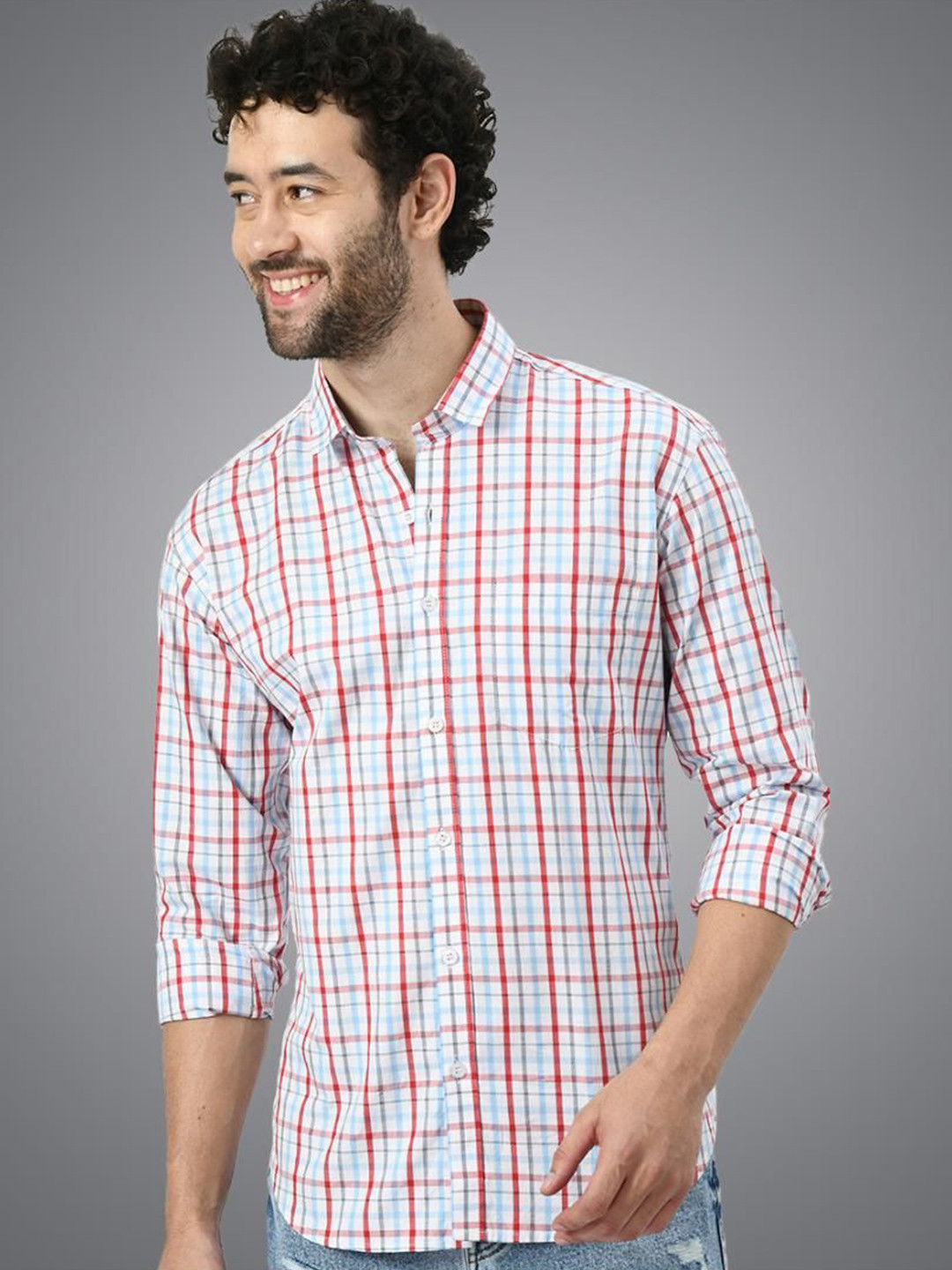 

PEBCO Men Classic Spread Collar Checked Cotton Slim Fit Casual Shirt, White