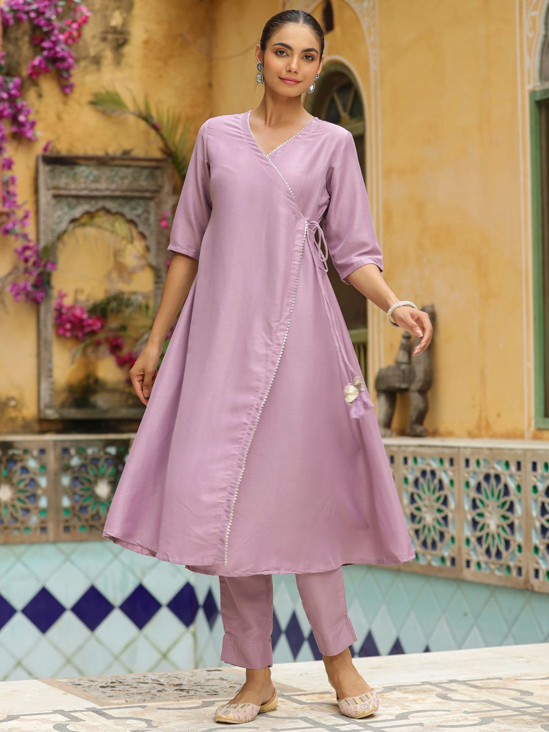 

Janasya V-Neck Gotta Patti Angrakha Anarkali Kurta With Trousers, Purple