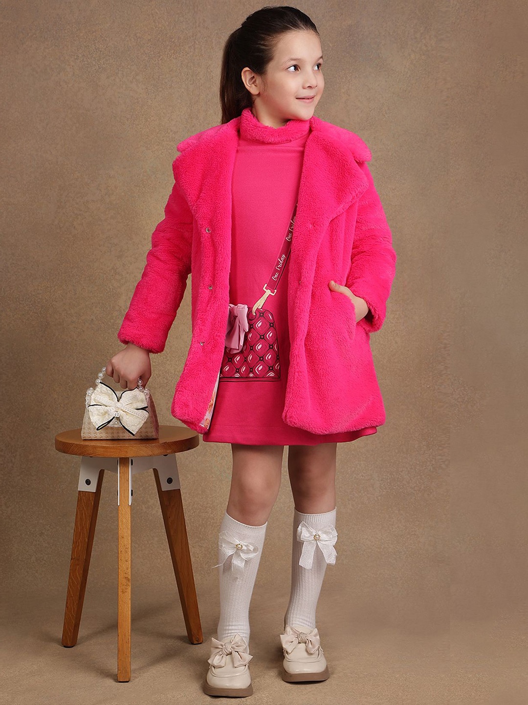 

One Friday Girls Notched Lapel Collar Overcoat, Pink