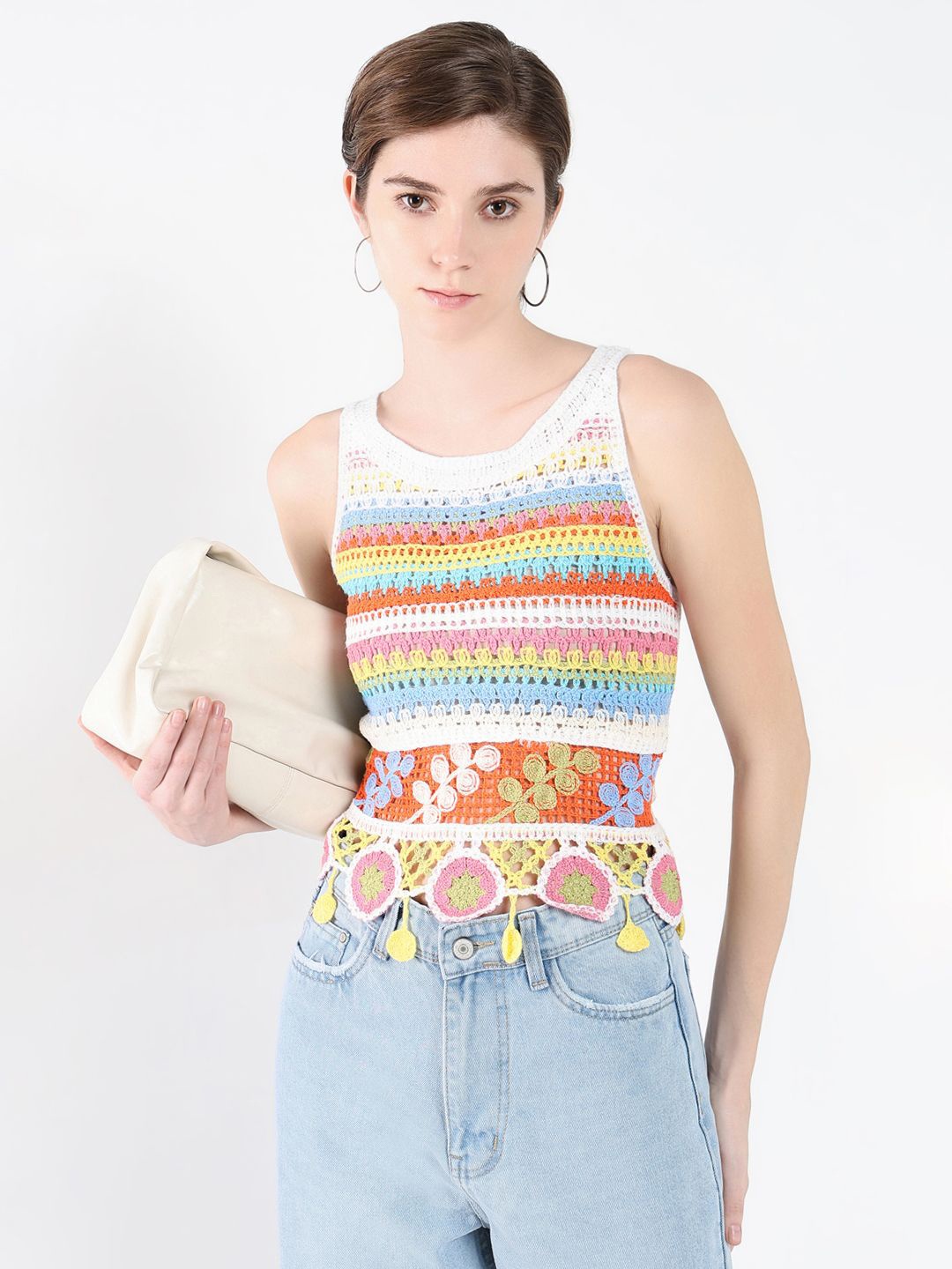 

SHOWOFF Women Floral Embroidered Shoulder Straps Acrylic Top, White